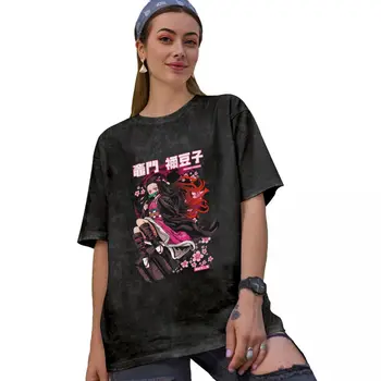 Градинска Выстиранная Тениска D-Demon ' S-Slayer Аниме Свободни Тениски Nezuko Cherry Blossom Тенденция Тениска Унисекс Летни Ретро Тениски