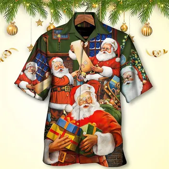 Коледна Мъжка Риза С Ревери, Тениска с Къс Ръкав, Ежедневни Празнична Мъжки Дрехи Копчета, Коледа Нова Риза за Мъжете, Блуза на Дядо Коледа
