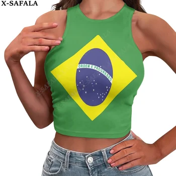 Обичам флаг на страната Бразилия, 3D принт, Годишният Фин Къс топ, Секси дамски блузи без ръкав, с кръгло деколте, тениски, Съкратен жилетка, Градинска облекло