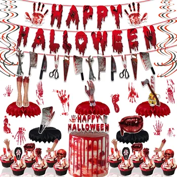Кървава аксесоари за декорация на маса на тема Хелоуин, Кървава трион, отварачка във формата на черепа, Нож ужасите, Разтегателен флаг, аксесоари за украса на масата