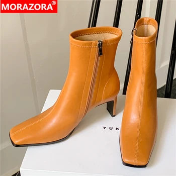 MORAZORA Размер Диапазон 34-40 Нови обувки от естествена кожа, Дамски ботильоны с цип на висок ток с квадратни пръсти За дамски обувки Модни обувки