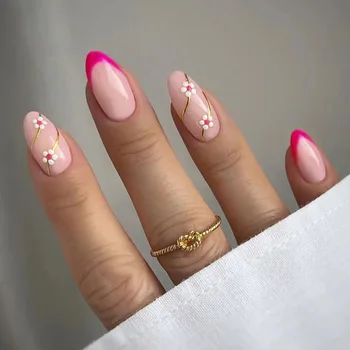 24шт Режийни ноктите с лилаво цвете и бадеми, блестящи с френски дизайн, подходящ за носене отгоре нокти, изкуствени пълно покритие, прижимающиеся до кончикам нокти