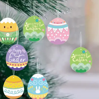 6шт Книжен етикет за окачване на яйца Сладко с въже Декоративна висулка във формата на яйца заек Цветна украса на Великденски честит Великден