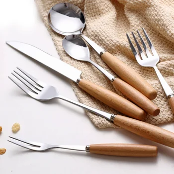Набор от съдове за западна кухня с дървена дръжка, нож за стек и вилица, лъжица от неръждаема стомана, Десерт нож и лъжица вилочная