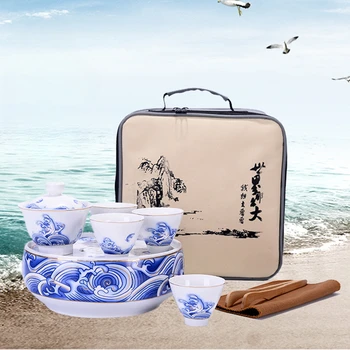 Синьо-бял Пътен Чай набор от Ocean Wave за пътуване на открито с чайным тавата и затворена чаша