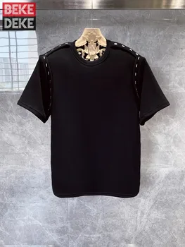 Harajuku Градинска Мъжка Тениска Свободно Намаляване На Летните Ежедневни Ризи С Къс Ръкав Потник С Негабаритными Метални Нитове Тениски Черен Пуловер