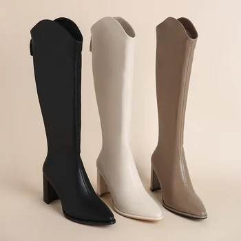 По-големи размери, есенни и зимни дамски ботуши до коляното, модерни ежедневни Нови дизайнерски обикновен дамски обувки не сужающемся надолу масивна ток