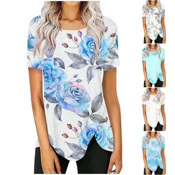 Женска тениска от изкуствена памук с принтом, къс ръкав и кръгло деколте, Дишащи дамски тениски с принтом тениски дамски Ropa