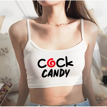 Krop-топ Cock Candy със забавни букви и принтом, дамски дрехи, Секси ластични памучни тениски без ръкави, Къси потници за жени, Бар за момичета