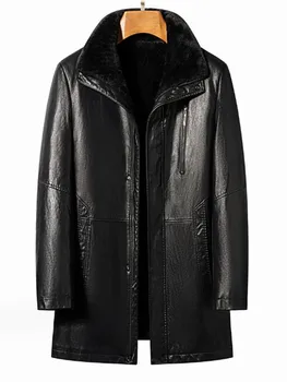 2023 Ново мъжко модно ежедневното кожени палта с вграден кожа, зимно мъжко палто със средна дължина, с удебелени подплата, топло яке от овча кожа