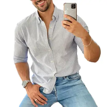 Мъжка риза с ревера, приталенная мъжка риза с ревера на ивици и грах, стилна однобортная ежедневни работни дрехи с дълъг ръкав, приталенная