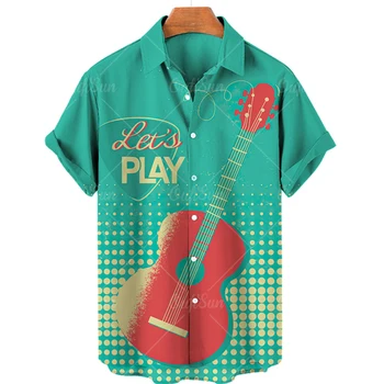 Лятна мъжки ежедневни хавайска риза с музикален принтом с къс ръкав, мъжки свободна риза оверсайз, удобна и дишаща тениска