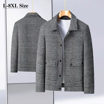 По-големи размери 6XL 7XL 8XL Мъжко палто, вълнена Модно клетчатое палта с ревери, свободна ежедневни дебело яке, есенно-зимна марка дрехи сиво и кафяво на цветя