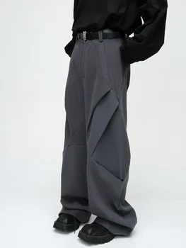 Мъжки дрехи SYUHGFA 2024, Есента Корейската градинска дрехи, Плисе Широки панталони в стил мозайка, Свободни ежедневни панталони за мъже