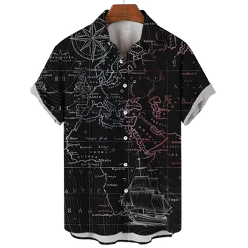 Риза с 3D-принтом с участието на морски карти, мъжки /дамски Ежедневни мода, Ризи с къс ръкав, Блузи с ревери копчета, Дрехи унисекс Оверсайз