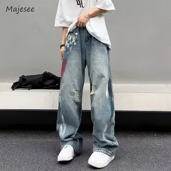 Широки дънки за Мъже Уютни Разнообразни Ежедневни Базови Красиви юношески панталони Уличен корейска Популярна летни дрехи Харадзюку Шик