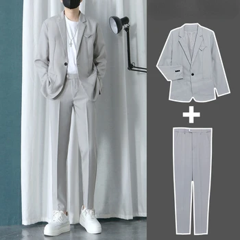 Комплект от 2 теми Мъжки костюм на джентълмен с джобове за една пуговице, сако с ревери, сако с дълъг ръкав, Комплект дълги панталони за офис срещи E38