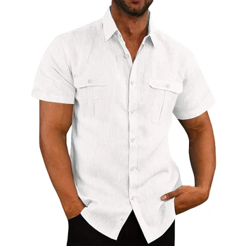 Мъжки ризи с копчета и къс ръкав, летни обикновена свободни ежедневни ризи, плажни върхове, с два джоба, смес от памук и лен, M 3XL