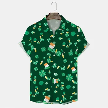 Риза с шарени Детелина, ризи с Деня на Св. Патрик, Зелени блузи, мъжки блузи с къс ръкав и ревера, върховете на Ирландски национален ден, куртки