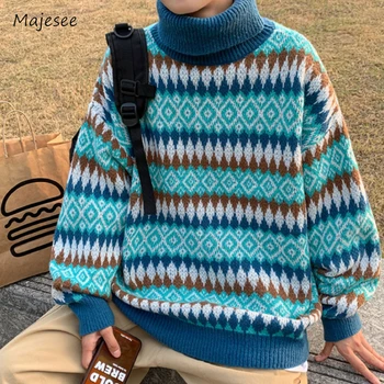 Геометрични Пуловери Мъжки Възли Японски Провиснал За Почивка Традиционните Harajuku Красива Топли Эстетичные Универсални Уютните Меки Шик