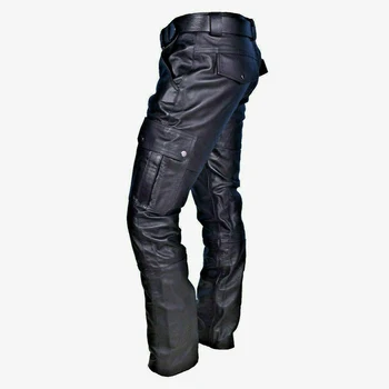 Модни обикновен мъжки панталони от изкуствена кожа в стил пънк, панталон-молив, тесни мотоциклетни панталони с джобове, големи размери, улични панталони