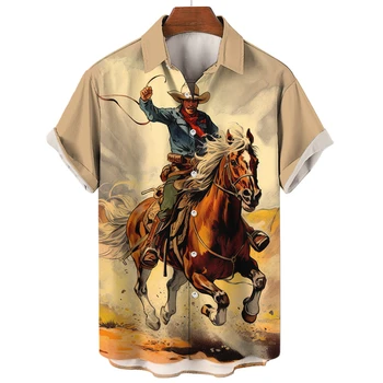 Топ Хавайски мъжки ризи с ковбойским модел в западен стил, 3D-печат, къс ръкав, пуговица на ревера, ежедневни градинска дрехи, Реколта мъжки дрехи